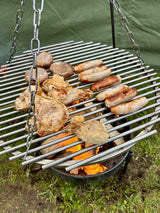Hanging Grill for Tripods and Ridge rack systems. Made with 8mm grids that retain the heat of the fire.