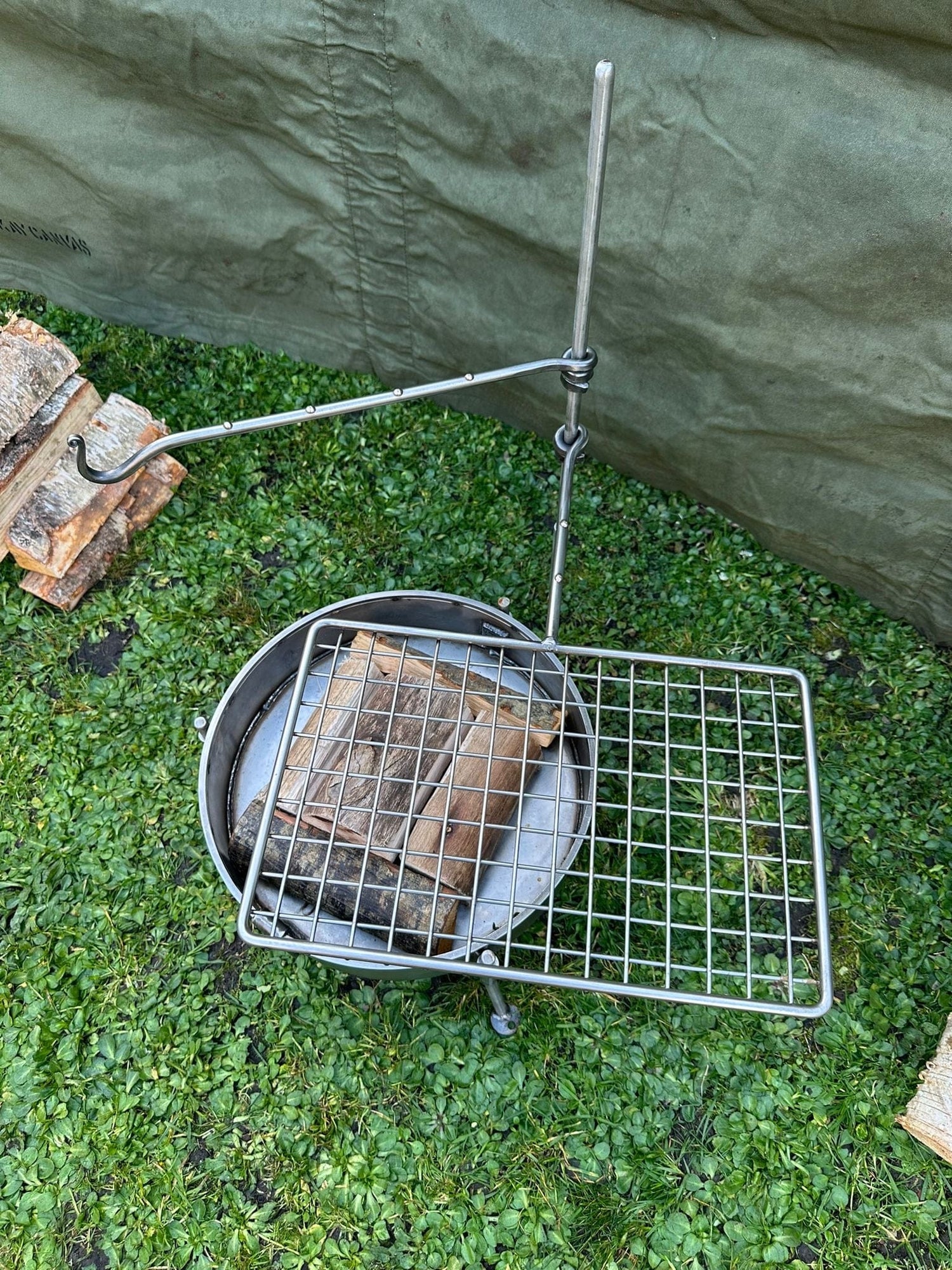 Premium Stainless Steel Fire Anchor with Swing Arm – Campfire Cooking Setup