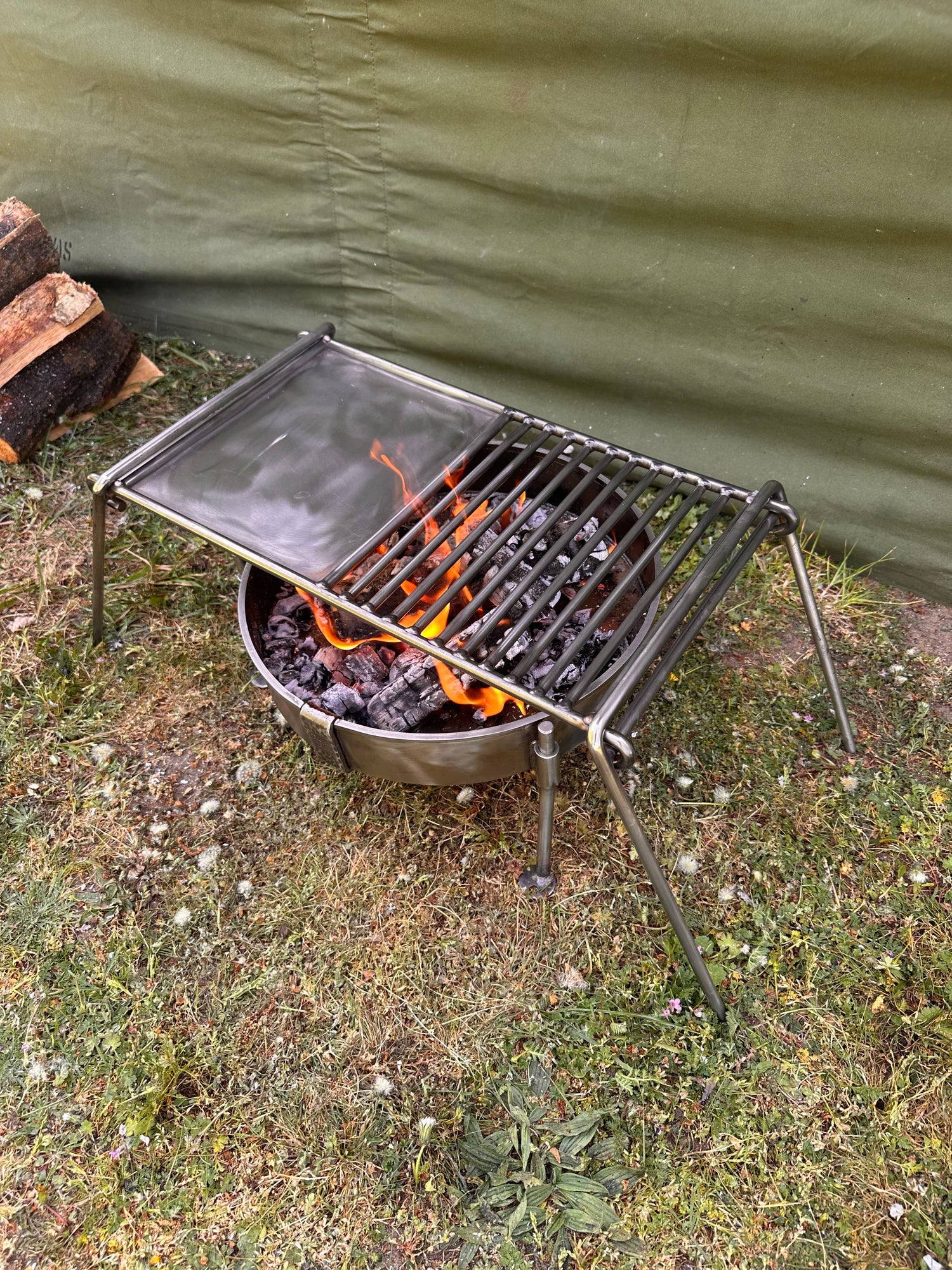 Stainless Steel Camp Grill with Skillet Plate - Folding Camp Grill