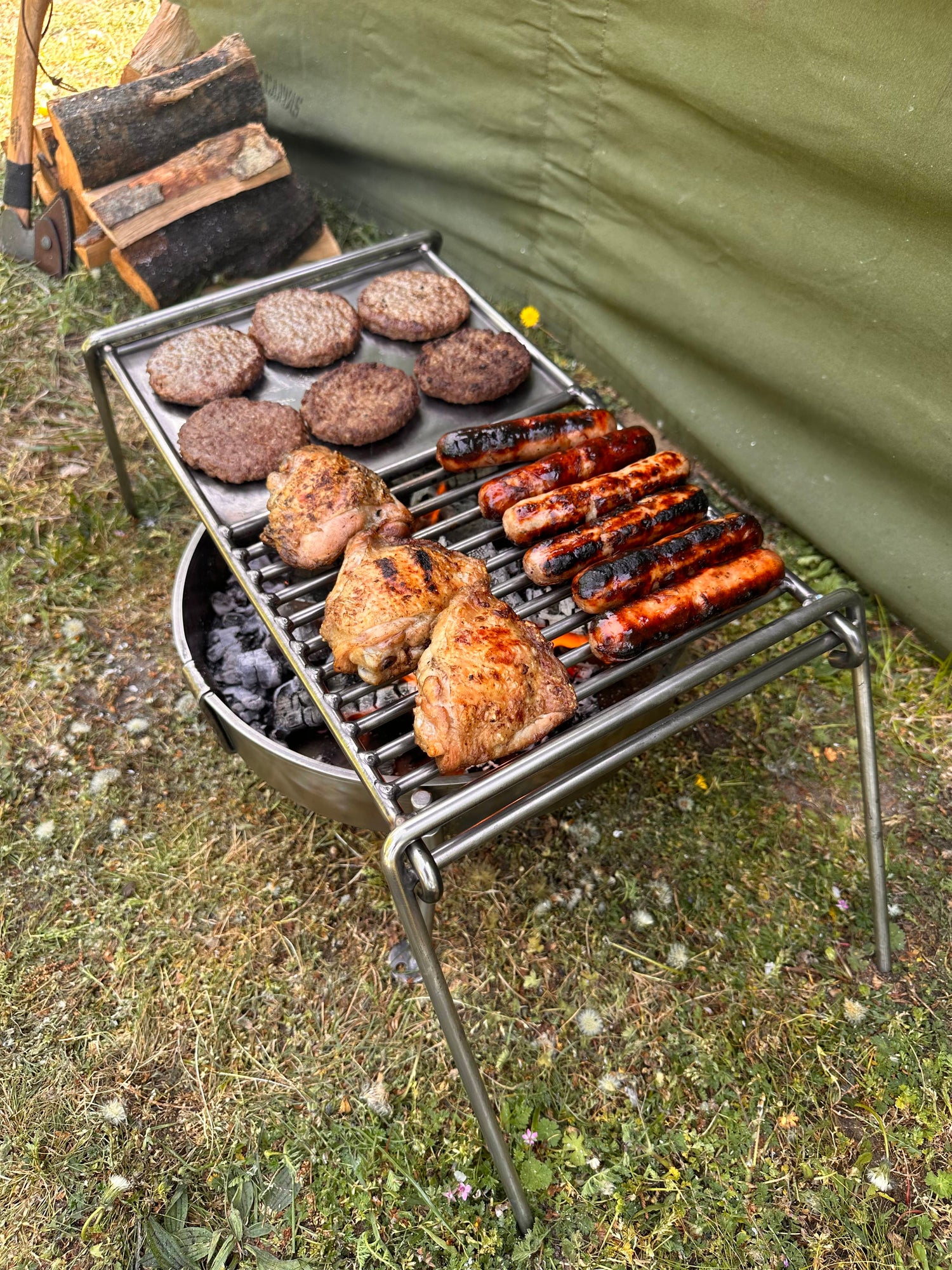 Stainless Steel Camp Grill with Skillet Plate - Folding Camp Grill