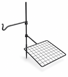 Black metal grid stand with adjustable arm on a white background