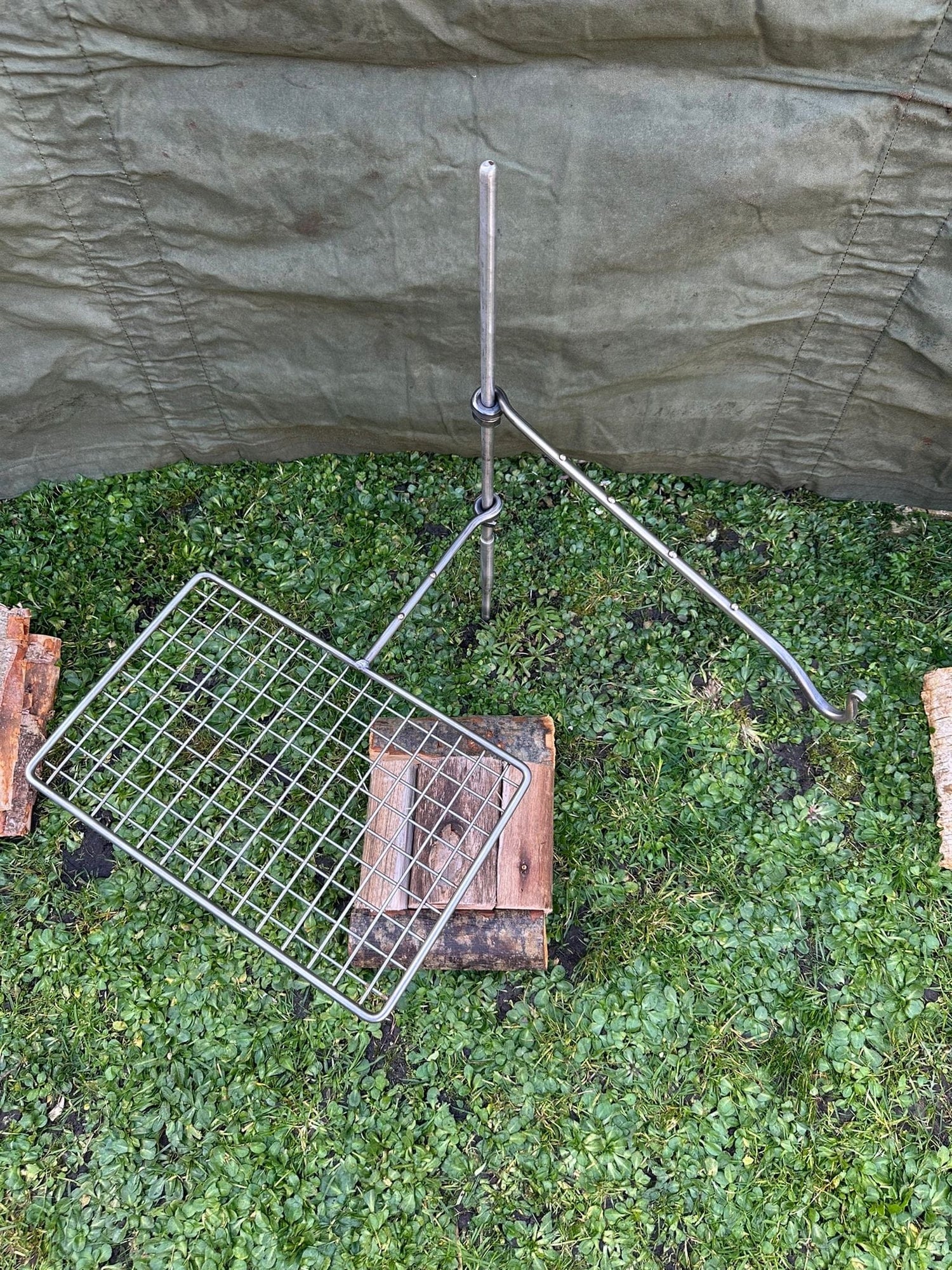 Premium Stainless Steel Fire Anchor with Swing Arm – Campfire Cooking Setup