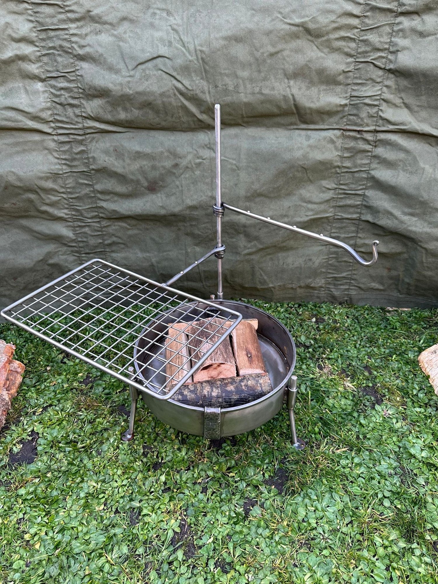 Premium Stainless Steel Fire Anchor with Swing Arm – Campfire Cooking Setup